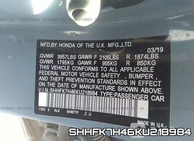 SHHFK7H46KU218984 фото 10