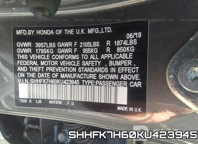 SHHFK7H60KU423945 фото 10