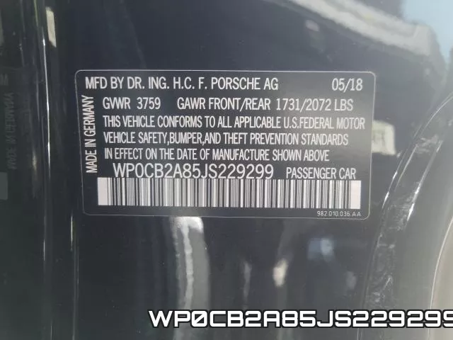 WP0CB2A85JS229299 фото 2