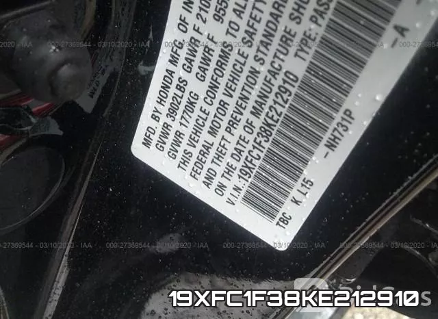 19XFC1F38KE212910 фото 9