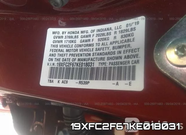 19XFC2F67KE018031 фото 10