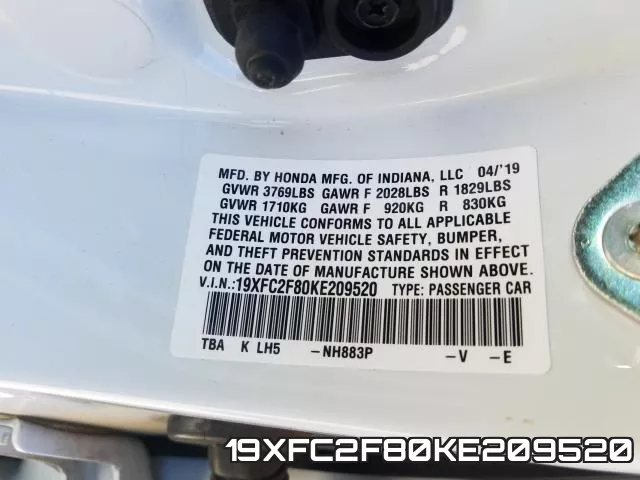19XFC2F80KE209520 фото 2