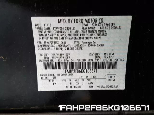 1FAHP2F86KG106671 фото 2