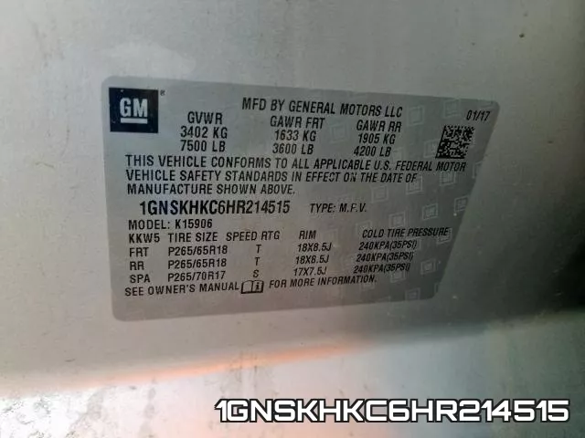 1GNSKHKC6HR214515 фото 2