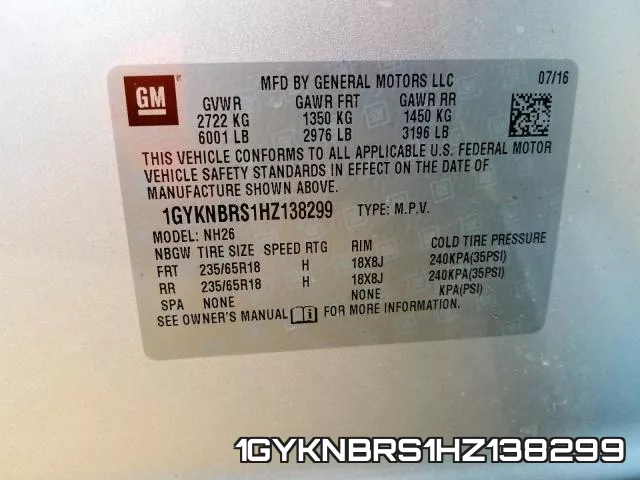 1GYKNBRS1HZ138299 фото 2