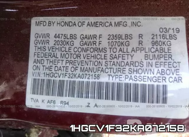 1HGCV1F32KA072158 фото 10