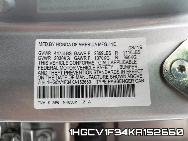 1HGCV1F34KA152660 фото 2