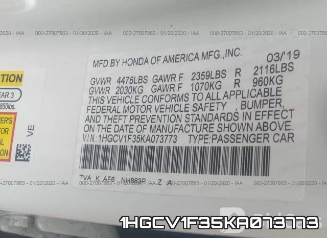 1HGCV1F35KA073773 фото 10
