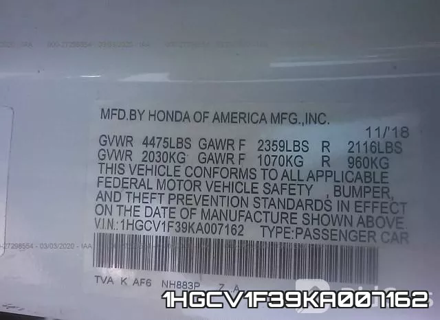 1HGCV1F39KA007162 фото 10