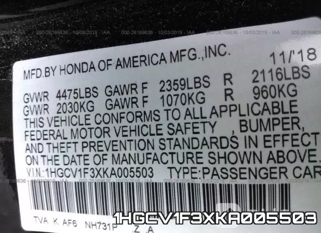 1HGCV1F3XKA005503 фото 10