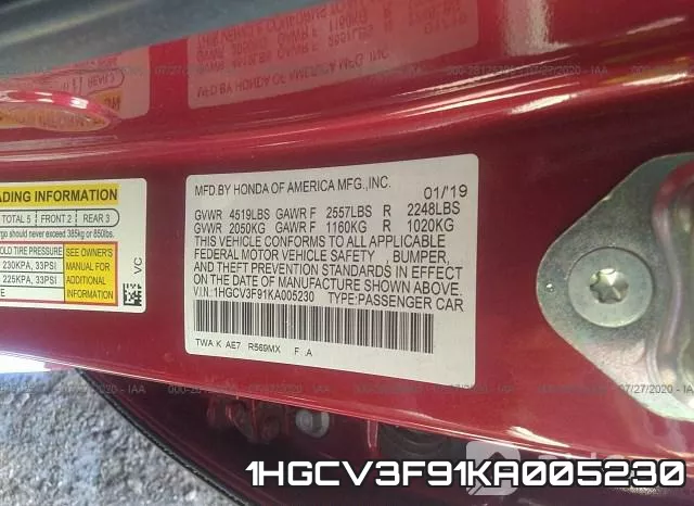 1HGCV3F91KA005230 фото 10