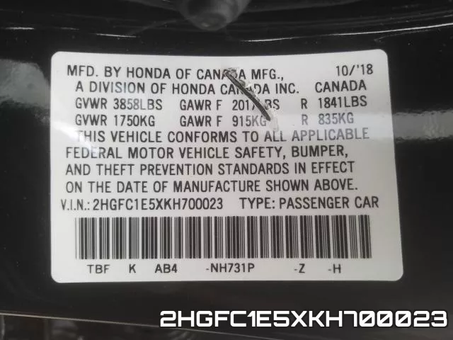2HGFC1E5XKH700023 фото 2