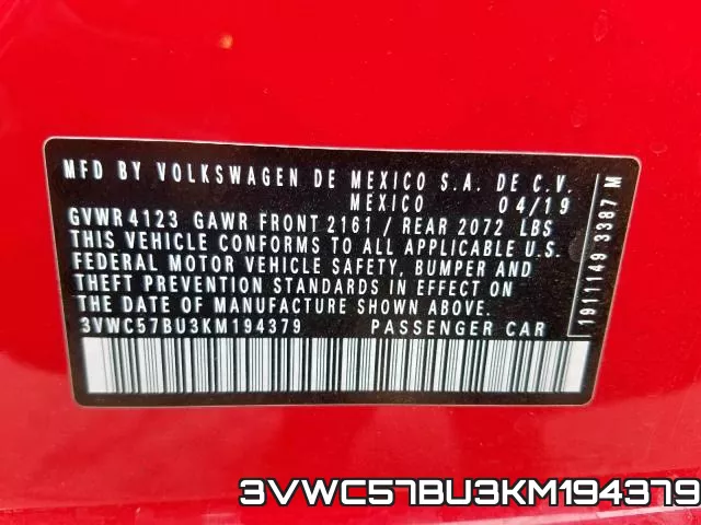 3VWC57BU3KM194379 фото 2