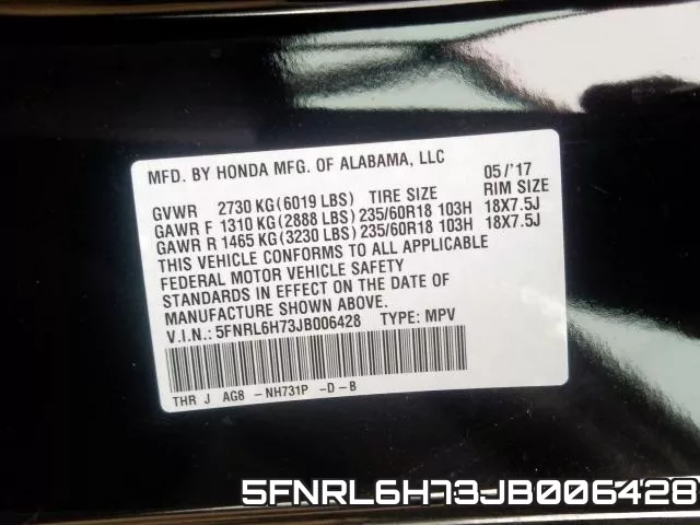 5FNRL6H73JB006428 фото 2