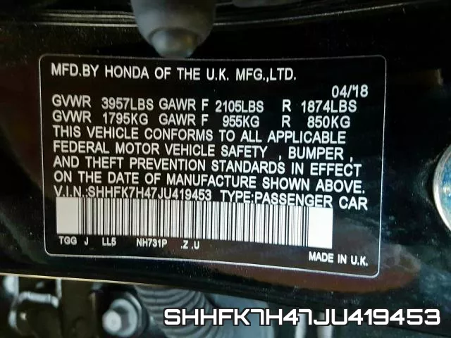 SHHFK7H47JU419453 фото 2