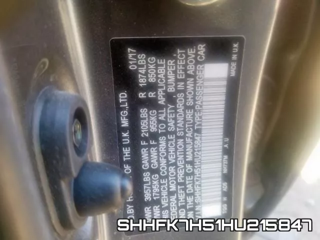 SHHFK7H51HU215847 фото 2