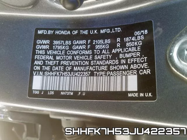 SHHFK7H53JU422357 фото 2