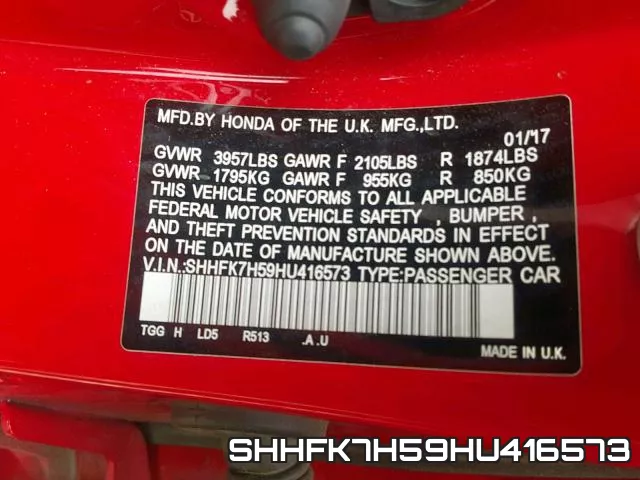 SHHFK7H59HU416573 фото 2