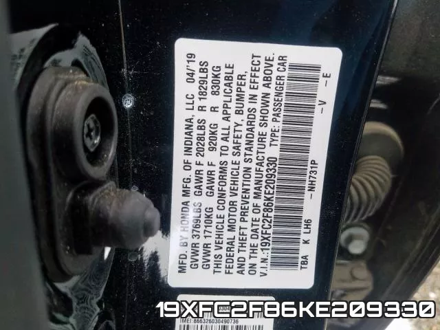 19XFC2F86KE209330 фото 2