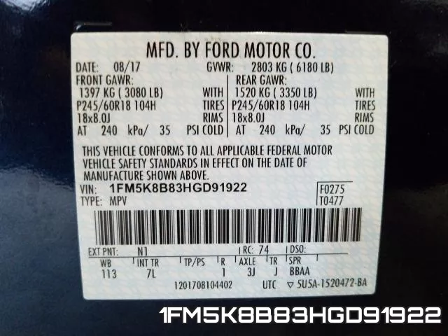 1FM5K8B83HGD91922 фото 2