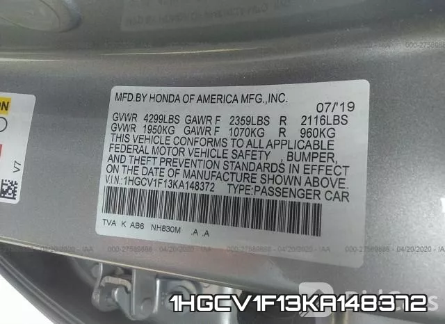 1HGCV1F13KA148372 фото 10