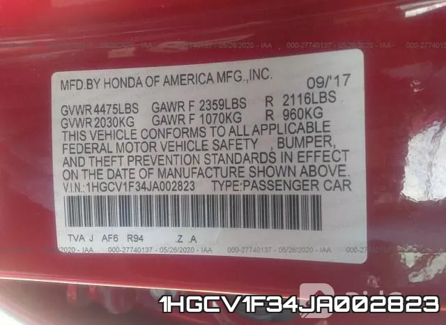 1HGCV1F34JA002823 фото 10