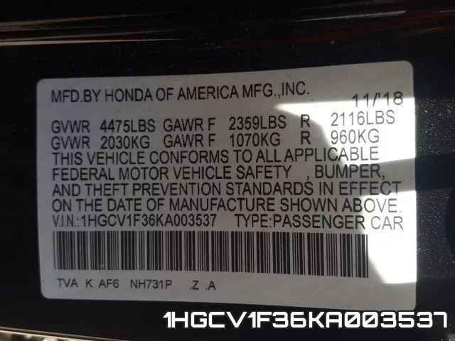 1HGCV1F36KA003537 фото 2