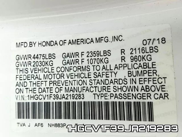 1HGCV1F39JA219283 фото 2