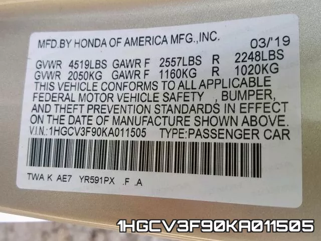 1HGCV3F90KA011505 фото 2