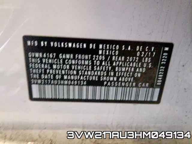 3VW217AU3HM049134 фото 2