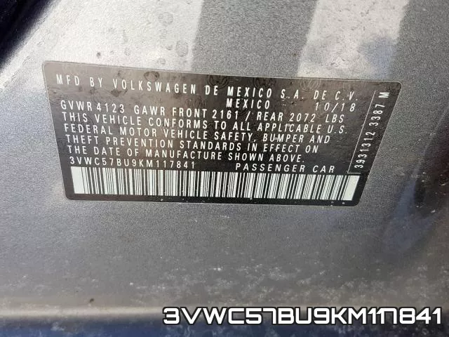 3VWC57BU9KM117841 фото 2