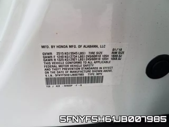 5FNYF5H61JB007985 фото 2