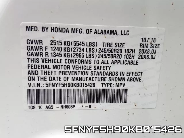 5FNYF5H90KB015426 фото 2