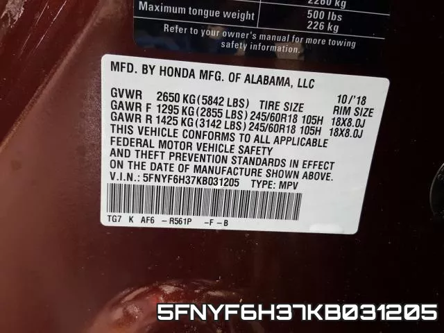 5FNYF6H37KB031205 фото 2