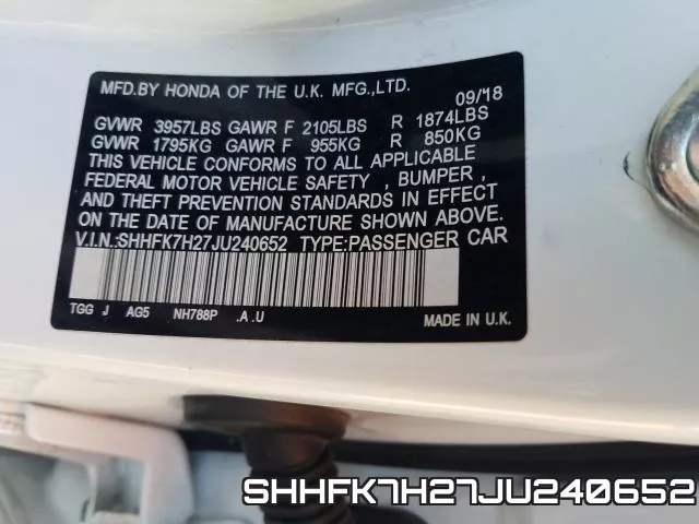 SHHFK7H27JU240652 фото 2