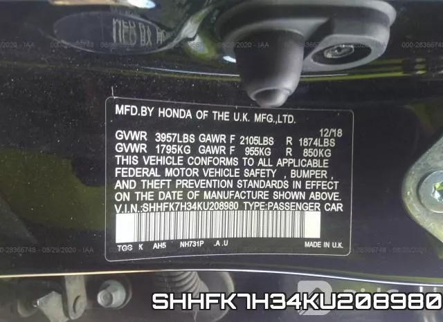 SHHFK7H34KU208980 фото 10