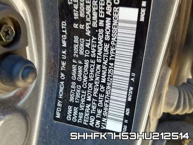 SHHFK7H53HU212514 фото 2