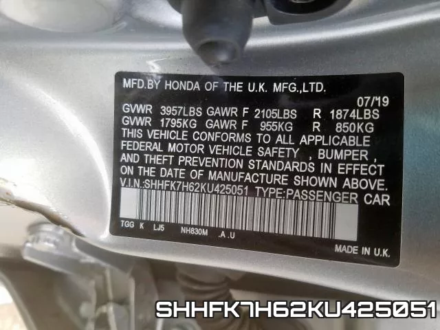 SHHFK7H62KU425051 фото 2
