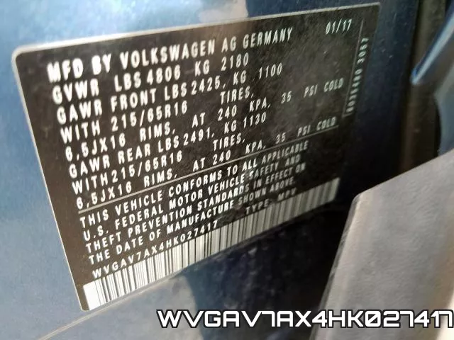 WVGAV7AX4HK027417 фото 2