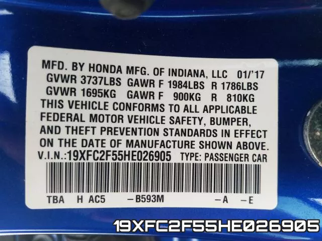 19XFC2F55HE026905 фото 2