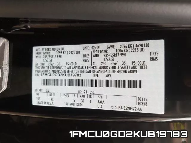 1FMCU0GD2KUB19783 фото 2