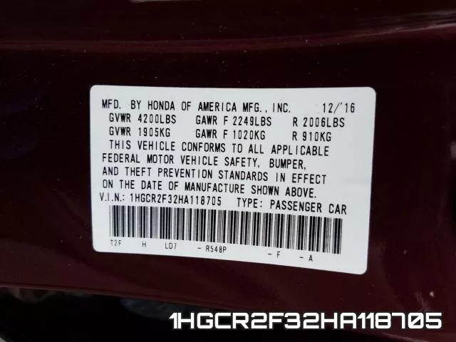 1HGCR2F32HA118705 фото 2