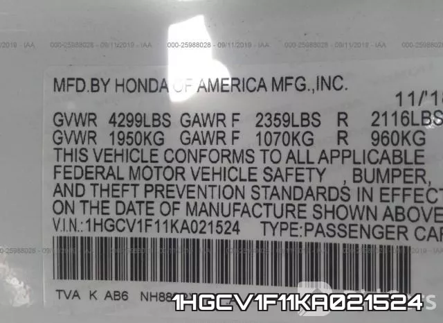 1HGCV1F11KA021524 фото 10