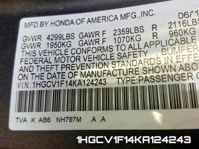 1HGCV1F14KA124243 фото 2