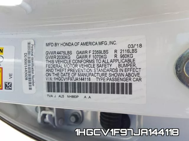 1HGCV1F97JA144118 фото 2