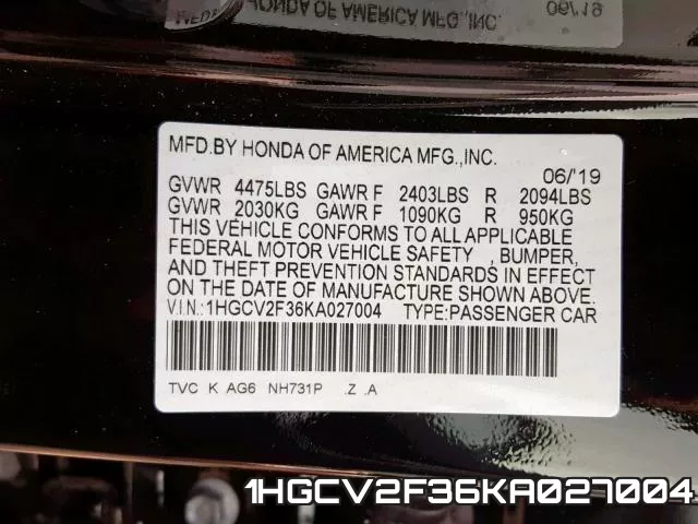 1HGCV2F36KA027004 фото 2