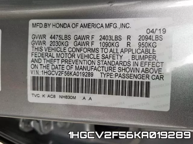 1HGCV2F56KA019289 фото 2