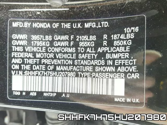 SHHFK7H75HU207980 фото 2