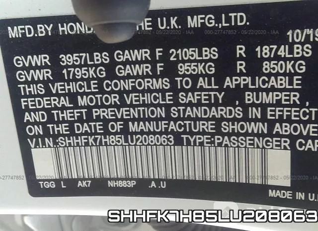 SHHFK7H85LU208063 фото 10