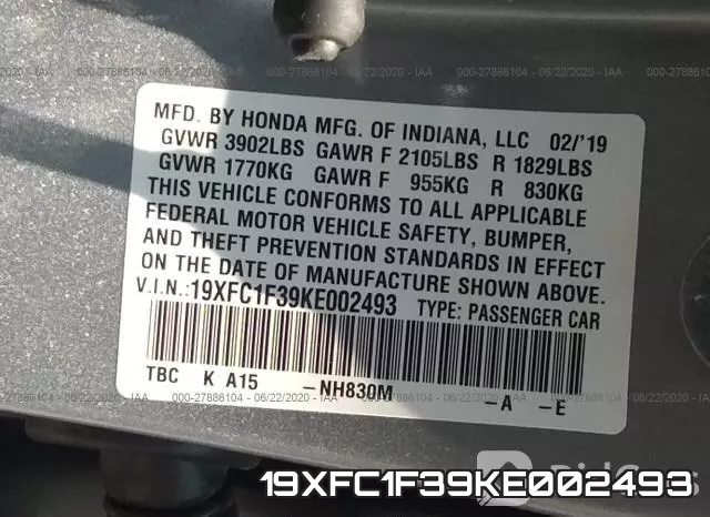 19XFC1F39KE002493 фото 10